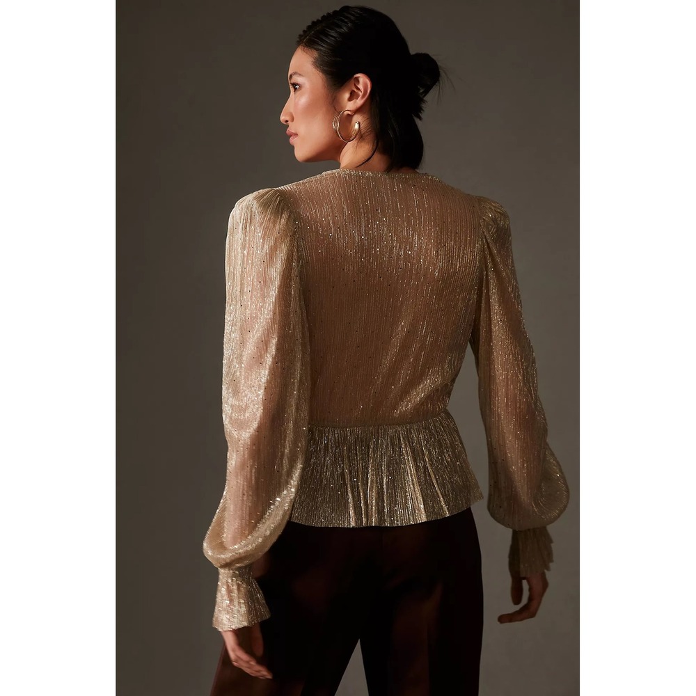 Sabina Musayev Liya Blouse Gold Metallic Pleated Peplum Top Size Large - Picture 4 of 10